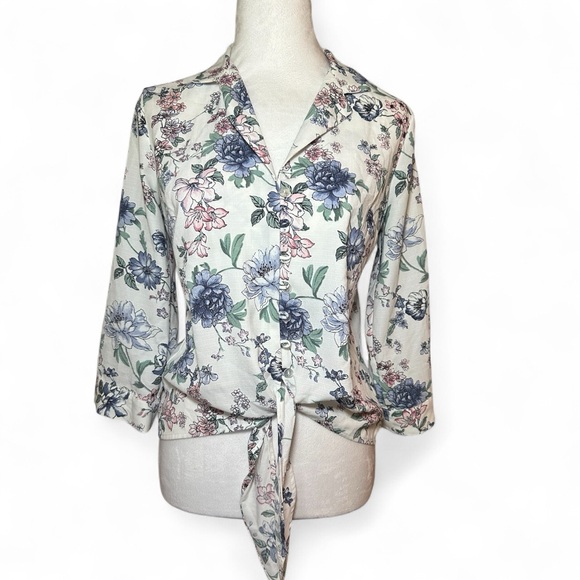 A. Byer Floral Tie-Front Blouse - Cream and Blue small - Picture 1 of 4